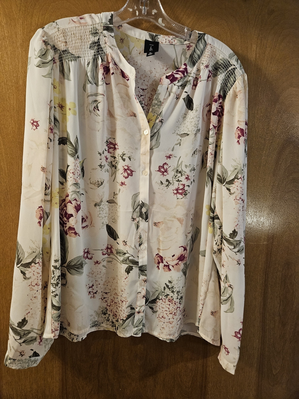 Lightweight Floral Button-Front Blouse - Cream with Pink & Green Floral